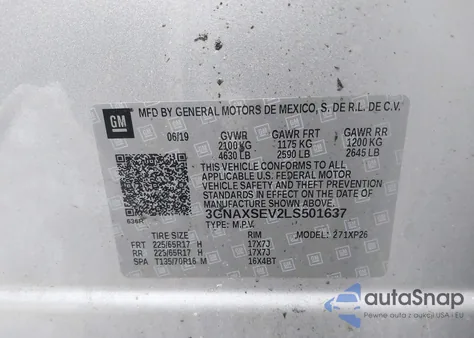 2020 Chevrolet Equinox Awd Ls из США, поврежденный, VIN 3GNAXSEV2LS501637